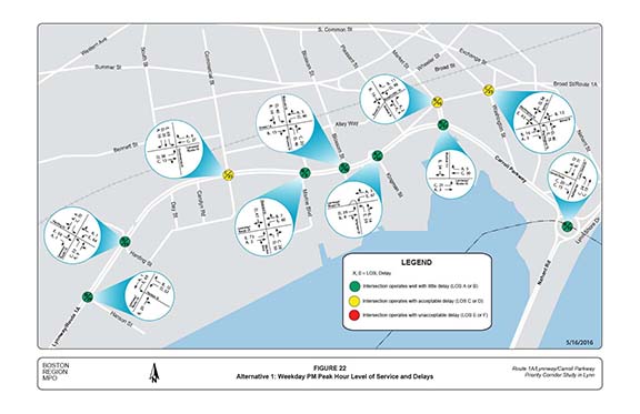 FIGURE 22. Computer-drawn map with graphics showing the results of the traffic operations analyses at the major intersection for Alternative 1 in terms of level of service and delays for the weekday PM peak hour.