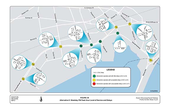 FIGURE 38. Computer-drawn map with graphics showing the results of the traffic operations analyses at the major intersections for Alternative 5 in terms of level of service and delays for the weekday PM peak hour.