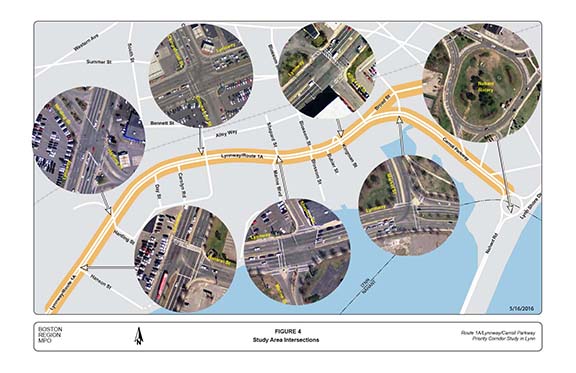 FIGURE 4. Computer-drawn map with aerial photographs showing the lane configurations of the major intersections on the Lynnway and Carroll Parkway.
