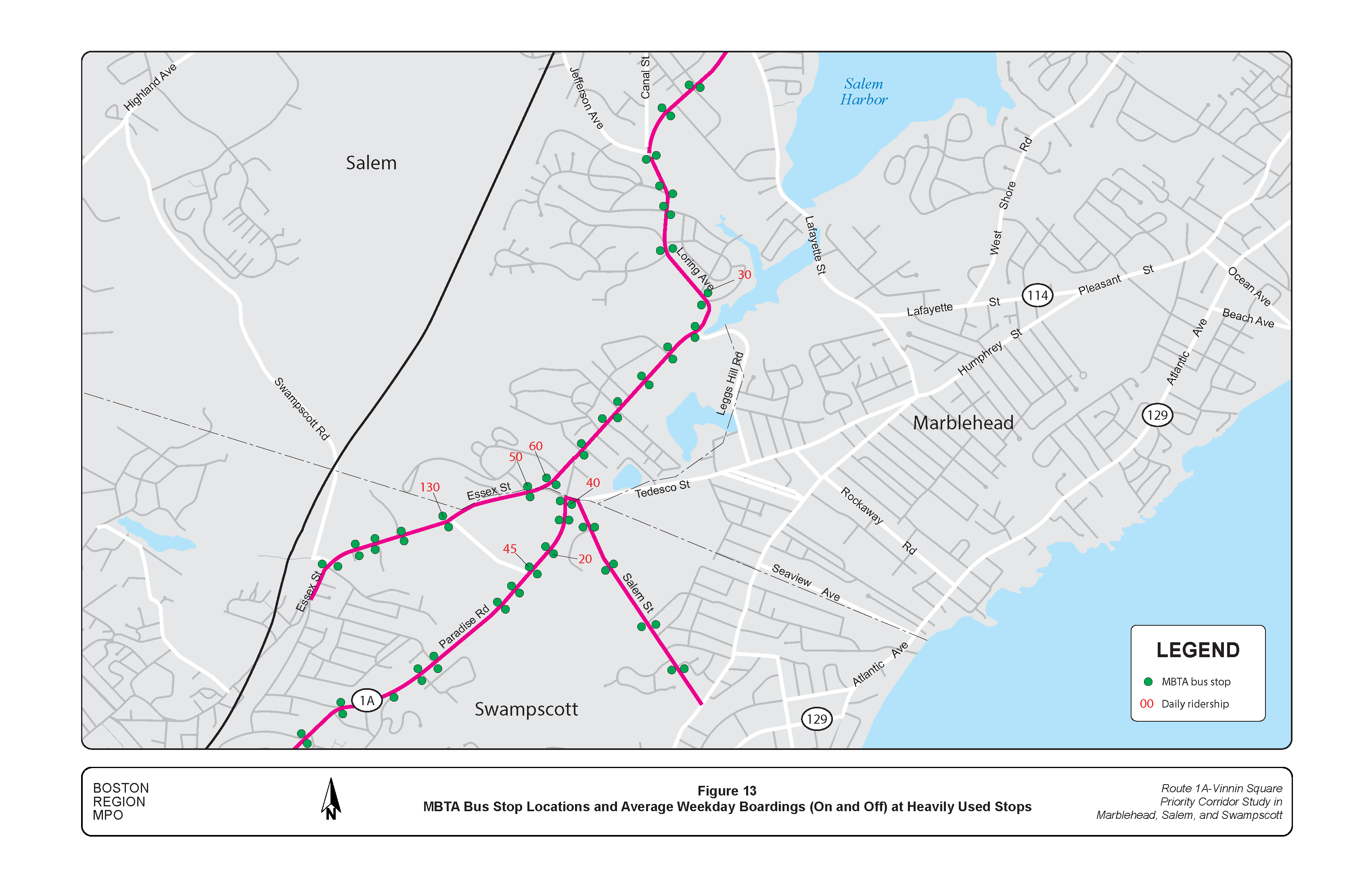 FIGURE 13. MBTA Bus Stop Locations and Average Weekday Boardings (On and Off) at Heavily Used Stops.Figure 13 is a map of the study area showing the locations of MBTA bus stops and data on daily ridership at heavily used stops.