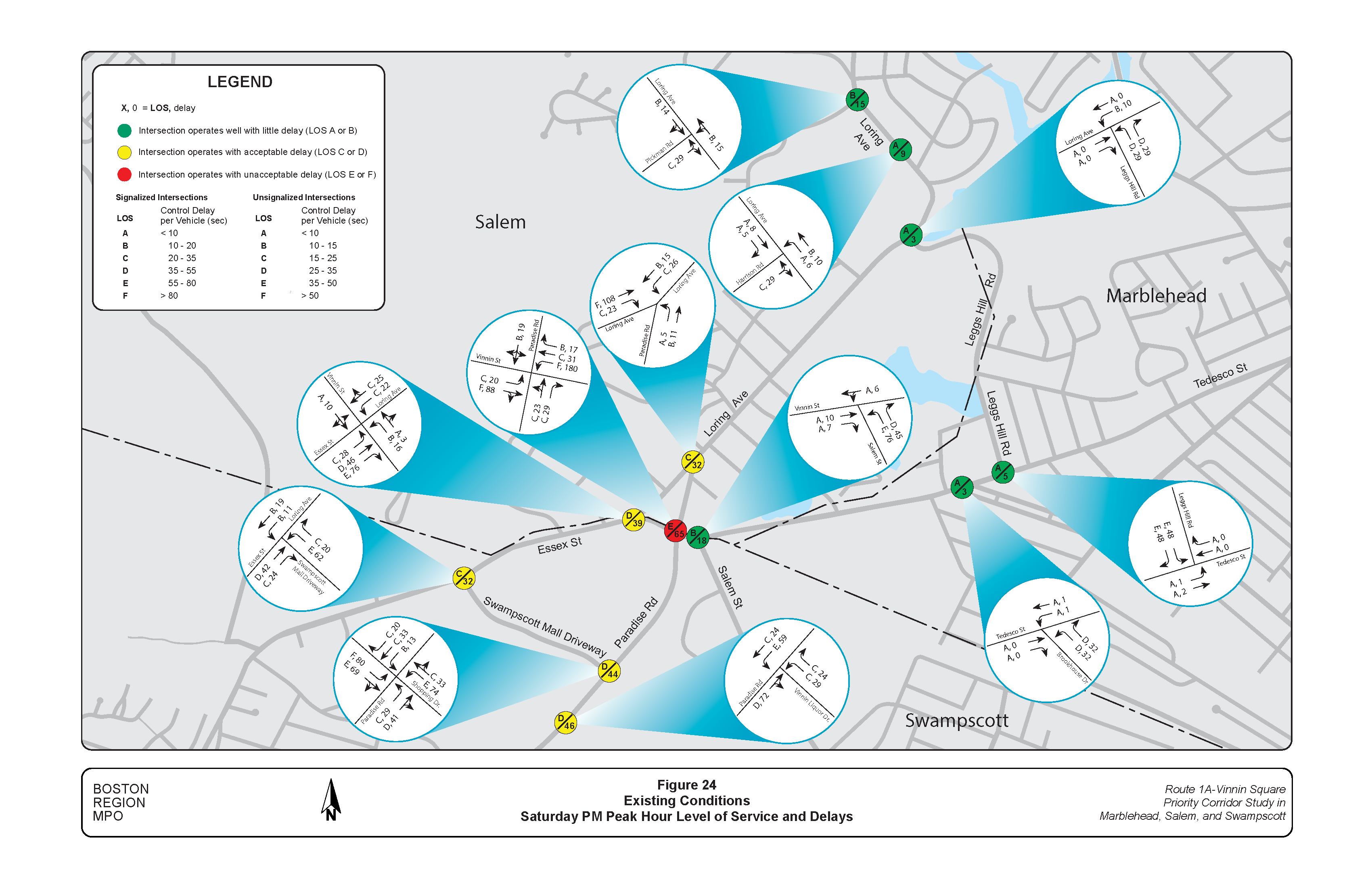 FIGURE 24. Existing Conditions: Saturday PM Peak Hour Level of Service and Delays.Figure 24 is a map of the study area with graphics embedded showing the existing level of service and delays at intersections during the Saturday PM peak hour travel time.