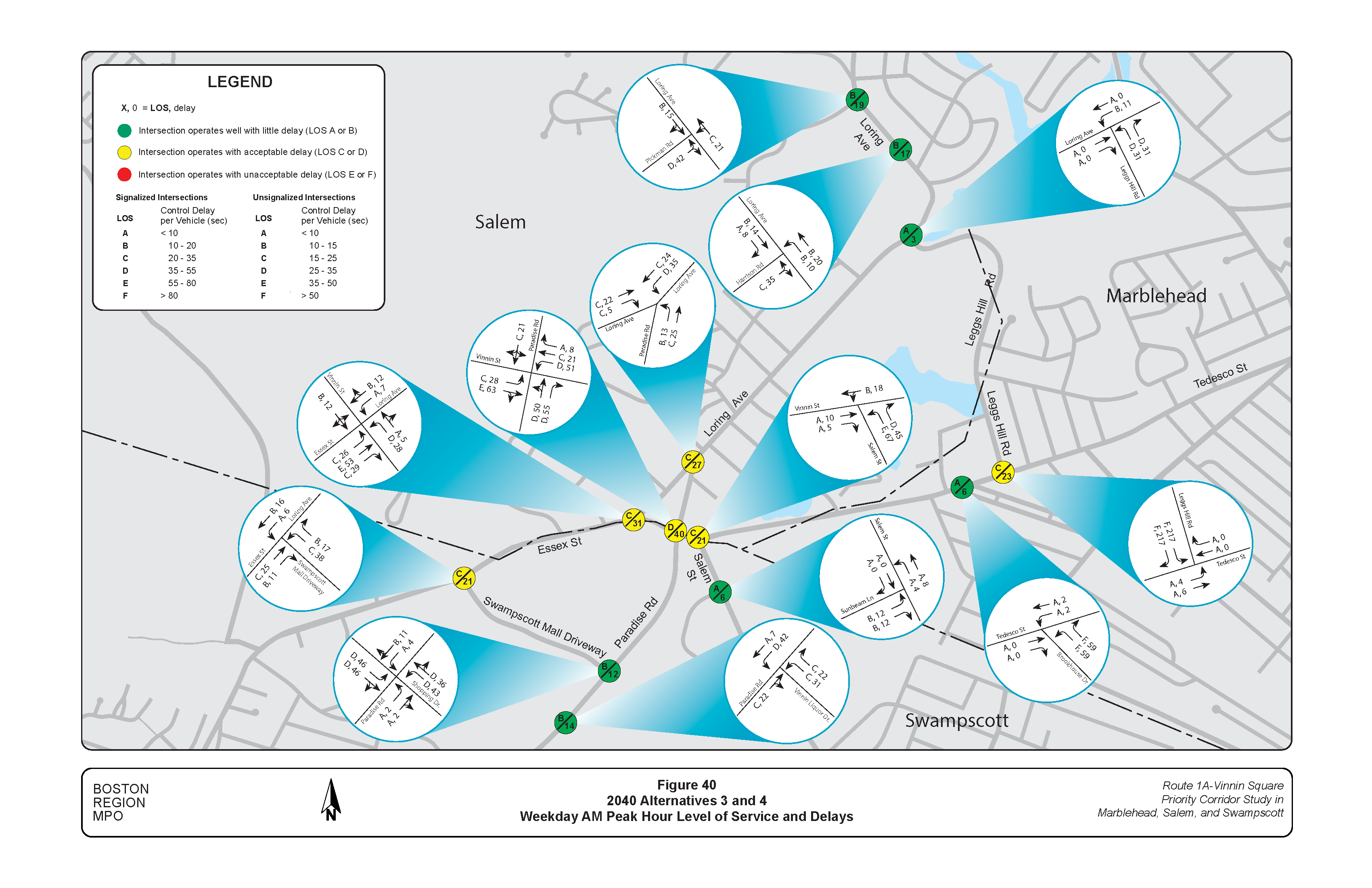 FIGURE 40. 2040 Alternatives 3 and 4: Weekday AM Peak Hour Level of Service and Delays.Figure 40 is a map of the study area with graphics embedded showing the level of service and delays during the weekday AM peak hour travel time, projected to 2040, with the improvements described in Alternatives 3 and 4.