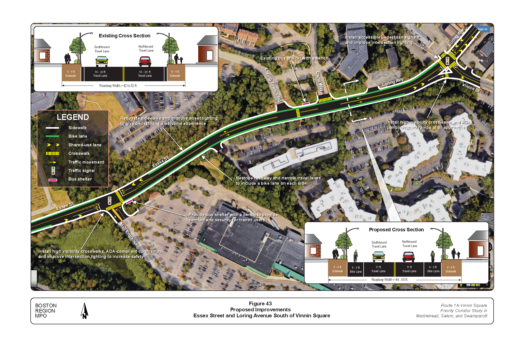 FIGURE 43. Proposed Improvements: Essex Street and Loring Avenue South of Vinnin Square.Figure 43 is a map of Essex Street and Loring Avenue south of Vinnin Square showing the location of proposed improvements. The proposed improvements are described in text boxes. Graphics embedded show proposed roadway cross sections with lane widths.