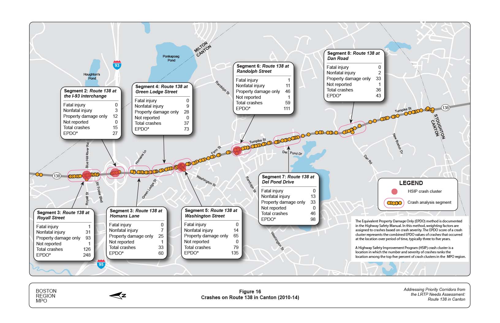 Figure 16 is a map of the study area showing the location of crashes and crash clusters on Route 138.