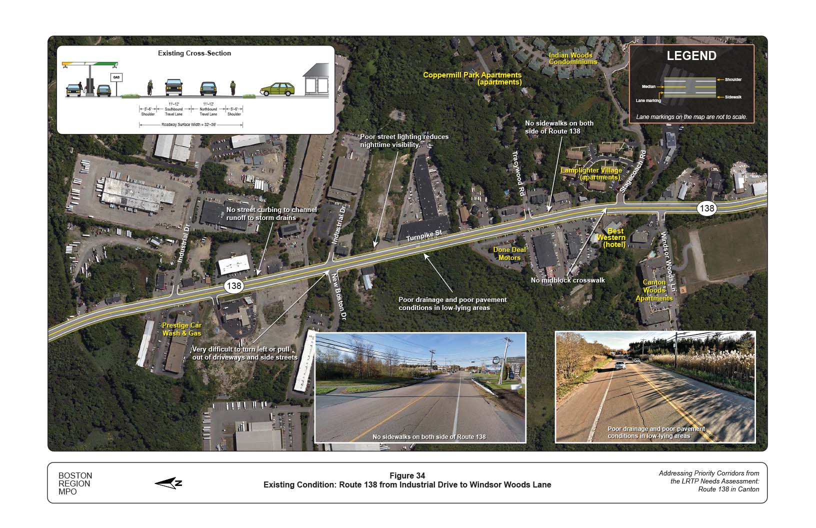 Figure 34 is map of Route 138 from Industrial Drive to Windsor Woods Lane with overlays showing the locations of existing problems on the roadway and a graphic of the current cross section of the roadway.