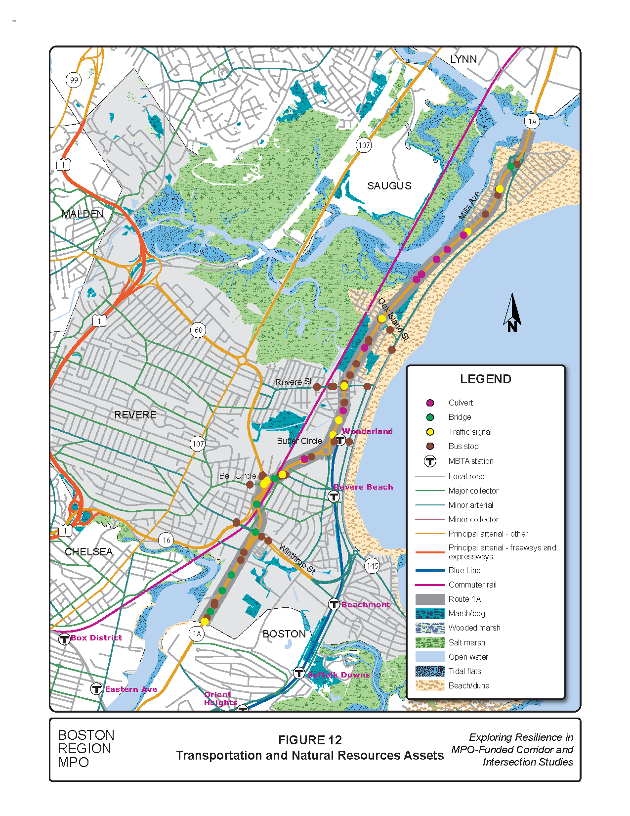 Figure 12 is a map of the study area showing the transportation assets: bridges, culverts, transit stations, and traffic signals.