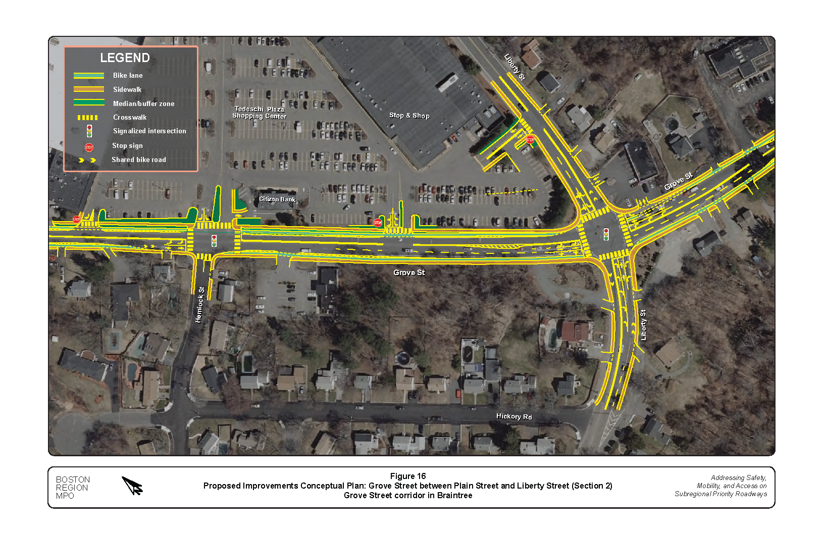 This figure shows a conceptual plan of the proposed improvements in the Grove Street section near Tedeschi Plaza Shopping Center.