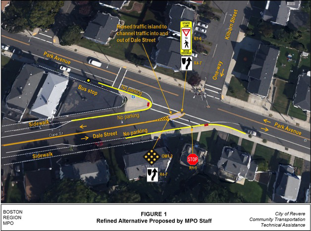 This is a figure of the study intersection with proposed improvements.  It is an aerial view that shows the intersecting streets: Park Avenue, Dale Street, and Kilburn Street, as well as the proposed improvements including a traffic island on the approach of Dale Street, signage, and pavement markings.