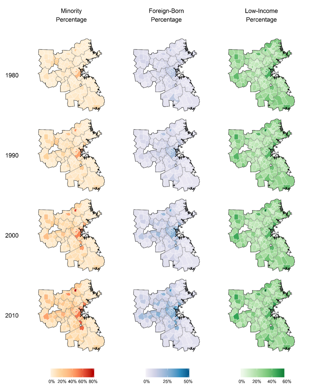 Figure 2 Minority, Foreign-Born, and Low-Income Population Percentages by Municipality in the MBTA Service Area, 1980–2010
Figure 2 is a graphic that visualizes Minority (represented by a light-tan-colored map), Foreign-Born (represented by a pale-lavender-colored map), and Low-Income (represented by a pale-green-colored map), population percentages by municipality in the MBTA service area between 1980 and 2010.