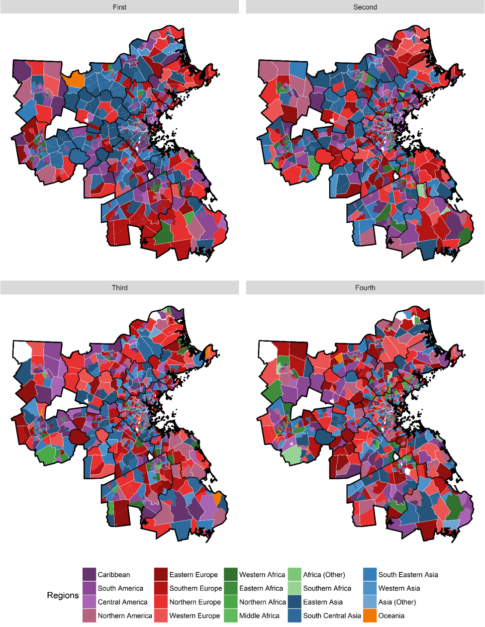 Figure 5 Top-Four Places of Birth for the Foreign-Born Population in the MBTA Service Area by Census Tract
Figure 5 contains four maps of the Boston region that show that within the MBTA service area, more than 50,000 foreign-born residents originated from the following areas: Caribbean—134,000, Eastern Asia—100,000, South America—94,000, Central America—77,000, South Central Asia—66,000, South Eastern Asia—64,000, Eastern Europe—56,000, South Europe—51,000.
