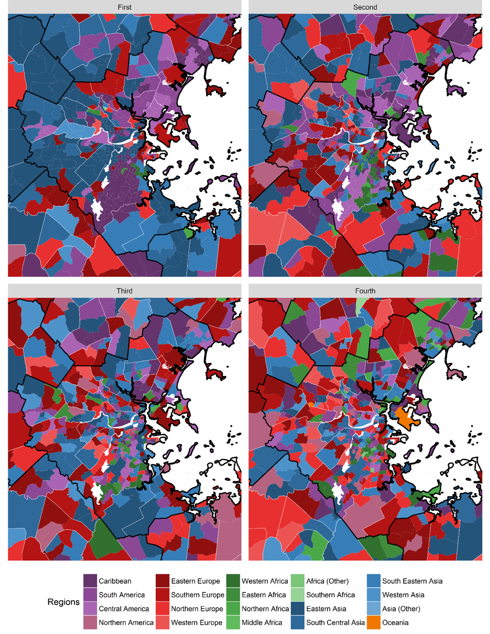 Figure 6 Top-Four Places of Birth for Foreign-Born Population in MBTA Service Area, by Census Tract: Inner Core and Surrounding Areas
Figure 6 contains four maps of the Boston region that show that within the MBTA service area, more than 50,000 foreign-born residents originated from the following areas: Caribbean—134,000, Eastern Asia—100,000, South America—94,000, Central America—77,000, South Central Asia—66,000, South Eastern Asia—64,000, Eastern Europe—56,000, South Europe—51,000. Figure 6 focuses specifically on the Inner Core and surrounding areas