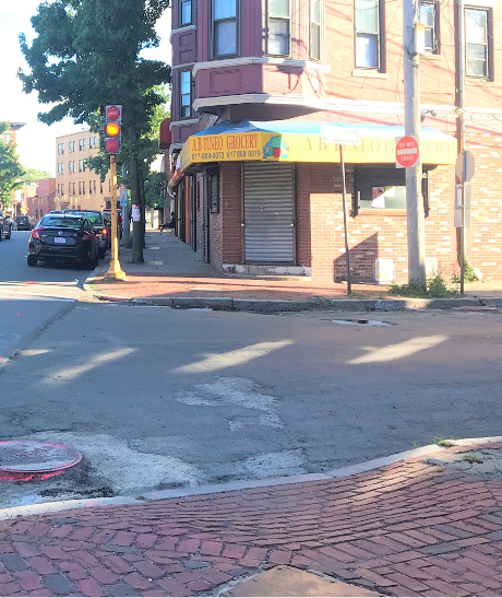 View from curb ramp on intersection’s northwest corner. There is no curb ramp on the southwest corner for the Chestnut Street crossing.