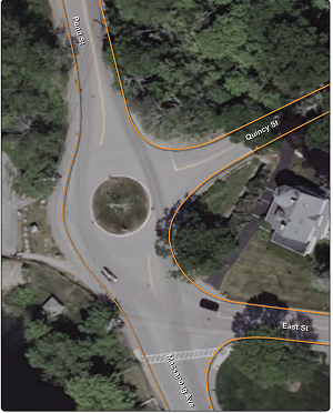 Image excerpted from study showing aerial photography of one of the Swampscott intersections with one alternative set of proposed changes overlaid