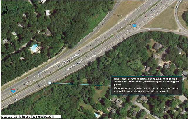 An overhead photograph of existing conditions on I-95 at Route 3 and the Middlesex Turnpike in Burlington.