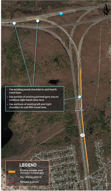 An overhead photograph of Route 24 northbound with illustration of recommendations by MPO staff.