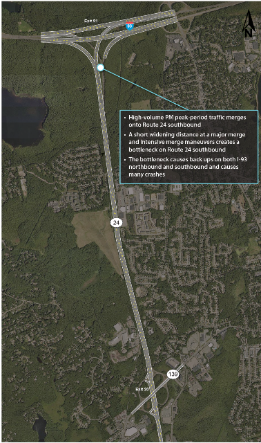 An overhead photograph of existing conditions on Route 24 southbound.