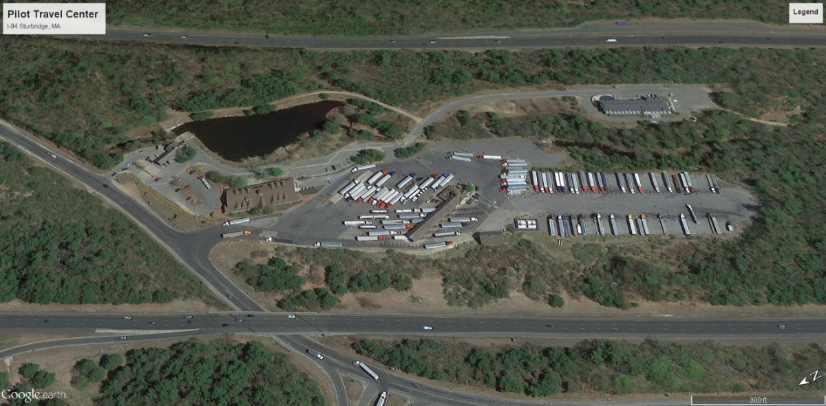 A large truck stop in Sturbridge, Massachusetts, next to I-84