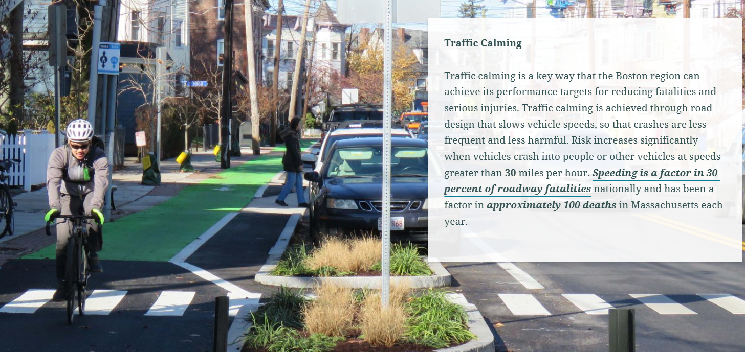 Screenshot of the resource guide, specifically an example on Traffic Calming. To the left, there is an image of a cyclist in a bike lane.