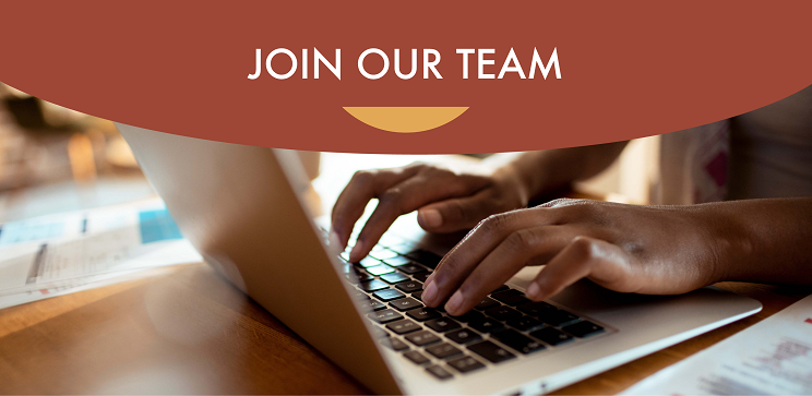 Photograph of person's hands on a laptop keyboard with text above reading "Join our team"